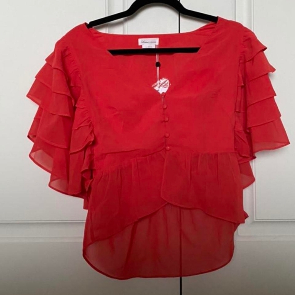 Lovers + Friends Elegant Red Ruffle Sleeve Top XS - Picture 3 of 9